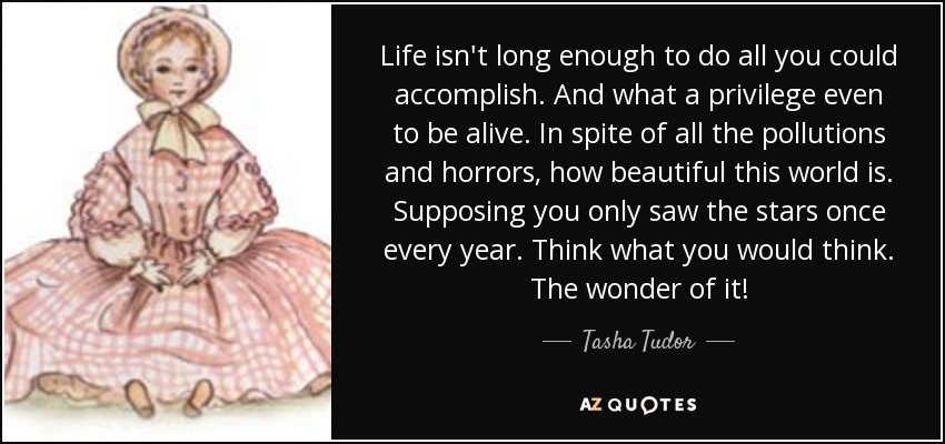 Life isn't long enough to do all you could accomplish. And what a privilege even to be alive. In spite of all the pollutions and horrors, how beautiful this world is. Supposing you only saw the stars once every year. Think what you would think. The wonder of it! - Tasha Tudor