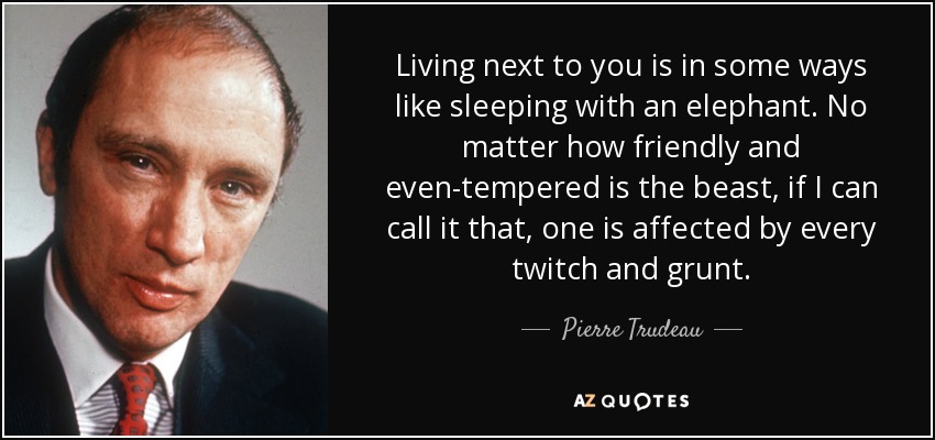 Living next to you is in some ways like sleeping with an elephant. No matter how friendly and even-tempered is the beast, if I can call it that, one is affected by every twitch and grunt. - Pierre Trudeau