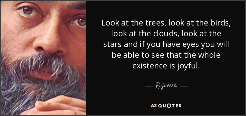 Look at the trees, look at the birds, look at the clouds, look at the stars-and if you have eyes you will be able to see that the whole existence is joyful. - Rajneesh