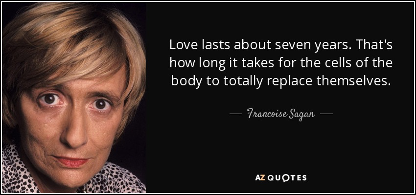 Love lasts about seven years. That's how long it takes for the cells of the body to totally replace themselves. - Francoise Sagan