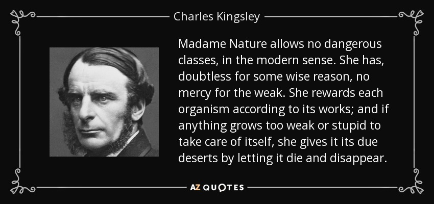 Madame Nature allows no dangerous classes, in the modern sense. She has, doubtless for some wise reason, no mercy for the weak. She rewards each organism according to its works; and if anything grows too weak or stupid to take care of itself, she gives it its due deserts by letting it die and disappear. - Charles Kingsley