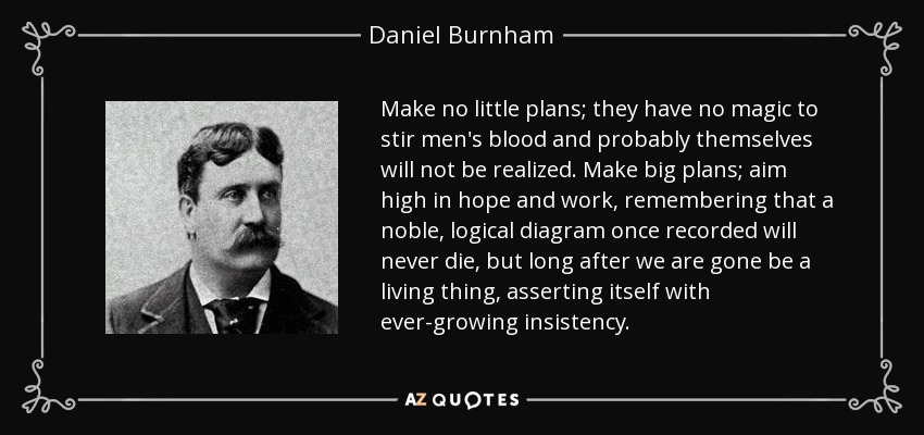 Make no little plans; they have no magic to stir men's blood and probably themselves will not be realized. Make big plans; aim high in hope and work, remembering that a noble, logical diagram once recorded will never die, but long after we are gone be a living thing, asserting itself with ever-growing insistency. - Daniel Burnham