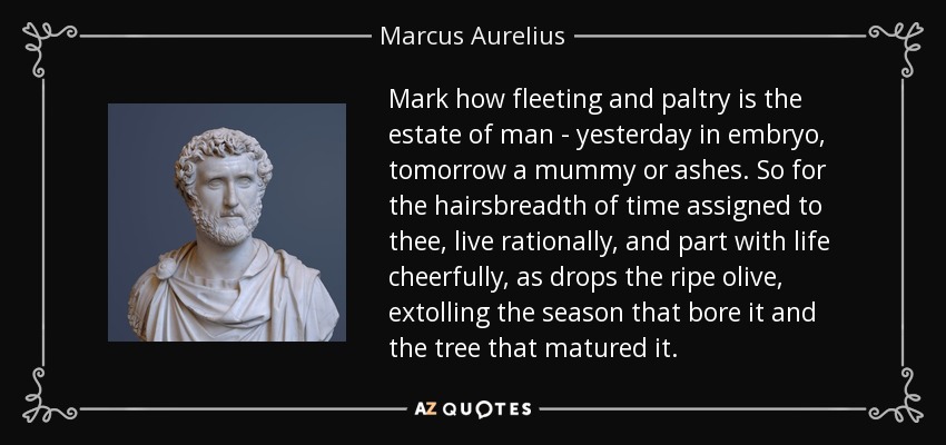 Mark how fleeting and paltry is the estate of man - yesterday in embryo, tomorrow a mummy or ashes. So for the hairsbreadth of time assigned to thee, live rationally, and part with life cheerfully, as drops the ripe olive, extolling the season that bore it and the tree that matured it. - Marcus Aurelius