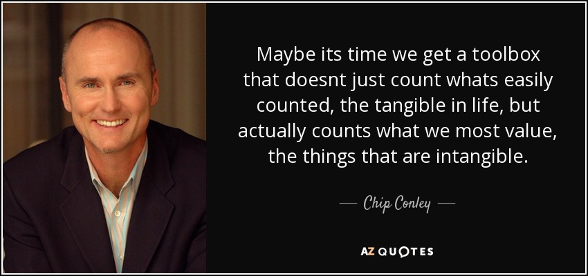 Maybe its time we get a toolbox that doesnt just count whats easily counted, the tangible in life, but actually counts what we most value, the things that are intangible. - Chip Conley