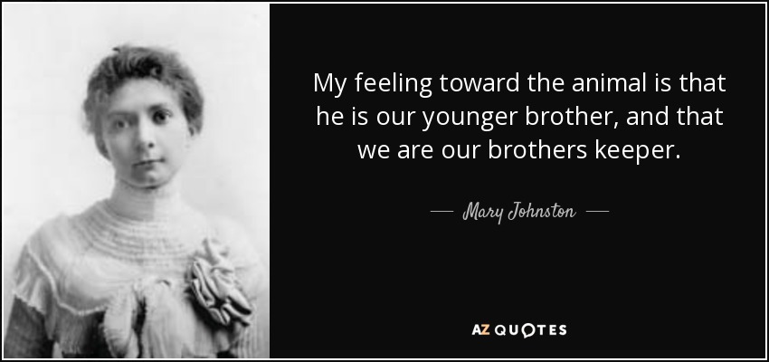 My feeling toward the animal is that he is our younger brother, and that we are our brothers keeper. - Mary Johnston