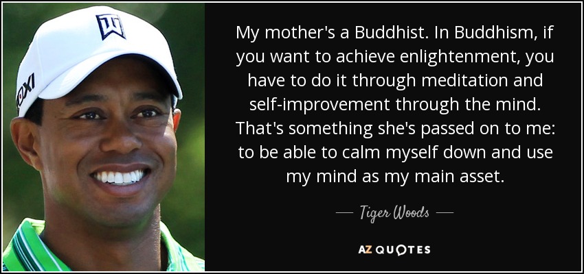 My mother's a Buddhist. In Buddhism, if you want to achieve enlightenment, you have to do it through meditation and self-improvement through the mind. That's something she's passed on to me: to be able to calm myself down and use my mind as my main asset. - Tiger Woods