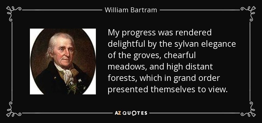 My progress was rendered delightful by the sylvan elegance of the groves, chearful meadows, and high distant forests, which in grand order presented themselves to view. - William Bartram