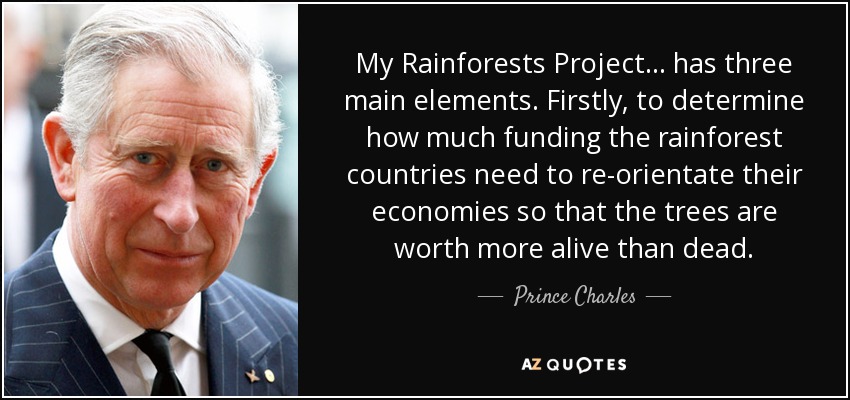 My Rainforests Project ... has three main elements. Firstly, to determine how much funding the rainforest countries need to re-orientate their economies so that the trees are worth more alive than dead. - Prince Charles