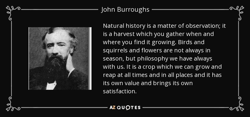 Natural history is a matter of observation; it is a harvest which you gather when and where you find it growing. Birds and squirrels and flowers are not always in season, but philosophy we have always with us. It is a crop which we can grow and reap at all times and in all places and it has its own value and brings its own satisfaction. - John Burroughs