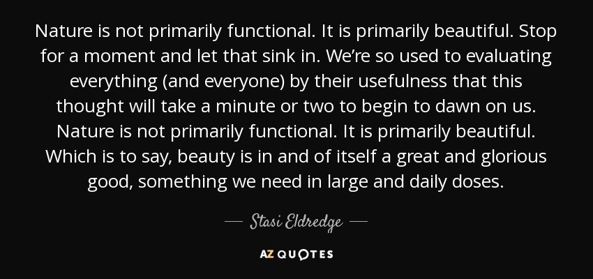 Nature is not primarily functional. It is primarily beautiful. Stop for a moment and let that sink in. We’re so used to evaluating everything (and everyone) by their usefulness that this thought will take a minute or two to begin to dawn on us. Nature is not primarily functional. It is primarily beautiful. Which is to say, beauty is in and of itself a great and glorious good, something we need in large and daily doses. - Stasi Eldredge