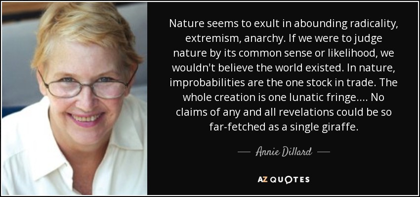 Nature seems to exult in abounding radicality, extremism, anarchy. If we were to judge nature by its common sense or likelihood, we wouldn't believe the world existed. In nature, improbabilities are the one stock in trade. The whole creation is one lunatic fringe. ... No claims of any and all revelations could be so far-fetched as a single giraffe. - Annie Dillard