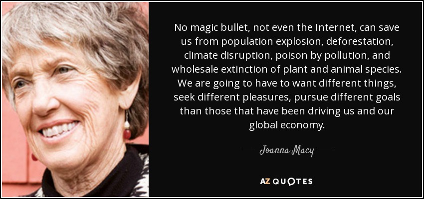 No magic bullet, not even the Internet, can save us from population explosion, deforestation, climate disruption, poison by pollution, and wholesale extinction of plant and animal species. We are going to have to want different things, seek different pleasures, pursue different goals than those that have been driving us and our global economy. - Joanna Macy