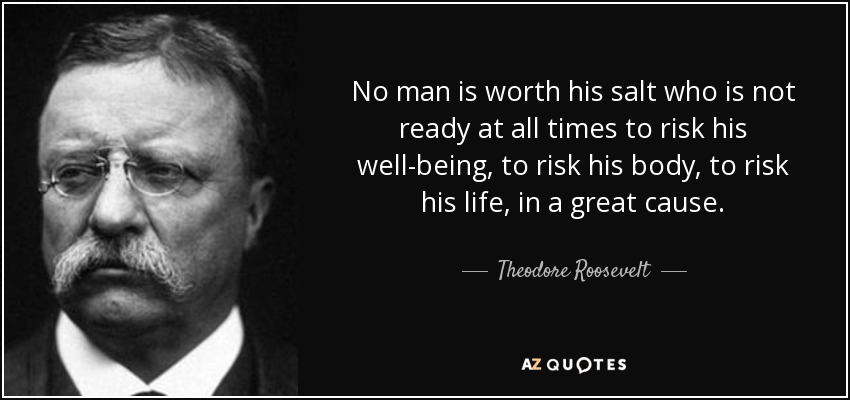 No man is worth his salt who is not ready at all times to risk his well-being, to risk his body, to risk his life, in a great cause. - Theodore Roosevelt