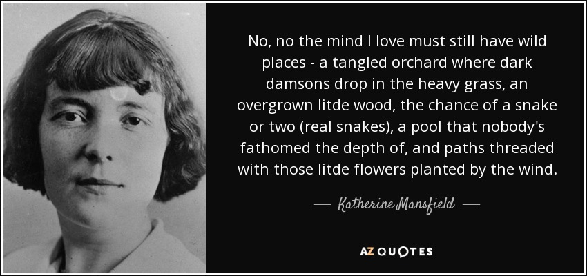 No, no the mind I love must still have wild places - a tangled orchard where dark damsons drop in the heavy grass, an overgrown litde wood, the chance of a snake or two (real snakes), a pool that nobody's fathomed the depth of, and paths threaded with those litde flowers planted by the wind. - Katherine Mansfield