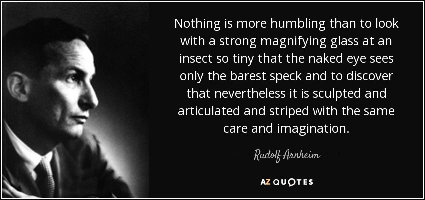 Nothing is more humbling than to look with a strong magnifying glass at an insect so tiny that the naked eye sees only the barest speck and to discover that nevertheless it is sculpted and articulated and striped with the same care and imagination. - Rudolf Arnheim