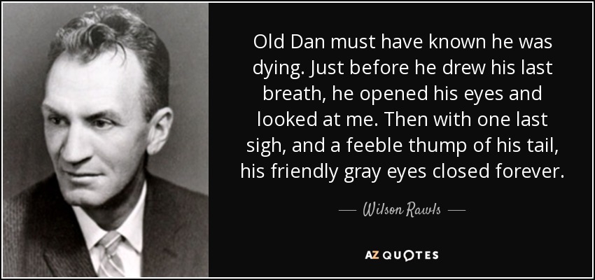 Old Dan must have known he was dying. Just before he drew his last breath, he opened his eyes and looked at me. Then with one last sigh, and a feeble thump of his tail, his friendly gray eyes closed forever. - Wilson Rawls