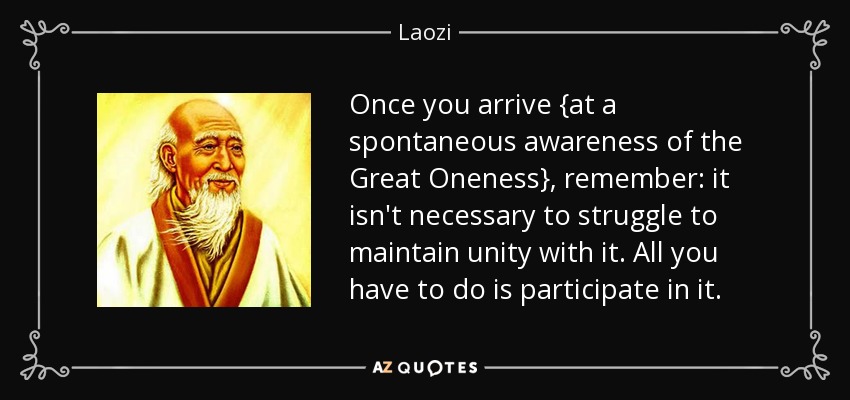 Once you arrive {at a spontaneous awareness of the Great Oneness}, remember: it isn't necessary to struggle to maintain unity with it. All you have to do is participate in it. - Laozi