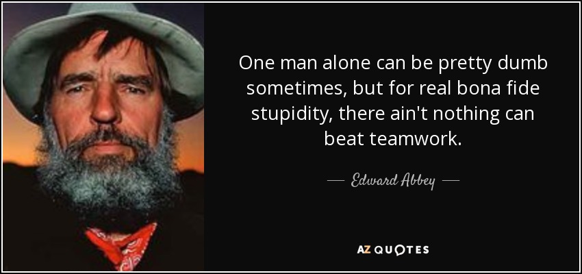 Un hombre solo puede ser bastante tonto a veces, pero para la verdadera estupidez de buena fe, no hay nada mejor que el trabajo en equipo. - Edward Abbey