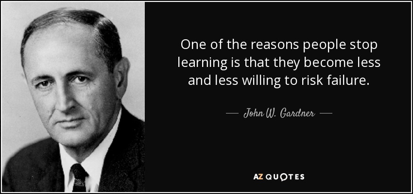 One of the reasons people stop learning is that they become less and less willing to risk failure. - John W. Gardner