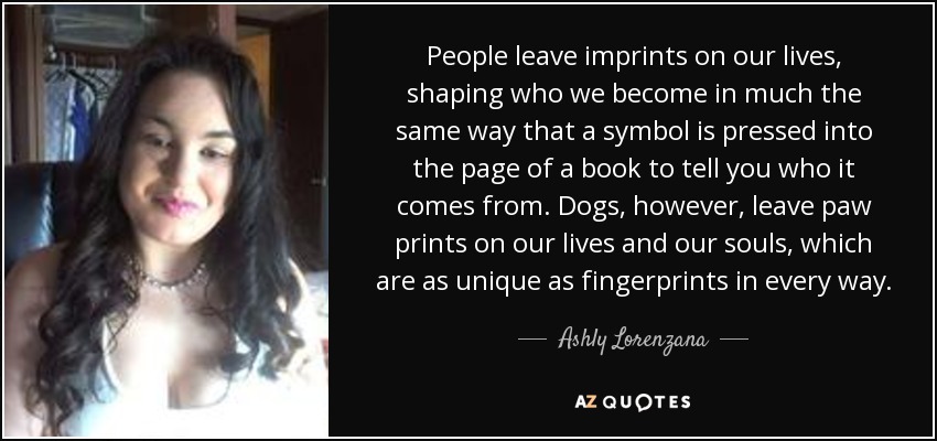 Las personas dejan huellas en nuestras vidas, dando forma a lo que llegamos a ser de la misma manera que un símbolo se presiona en la página de un libro para decirte de quién viene. Los perros, sin embargo, dejan huellas en nuestras vidas y en nuestras almas, que son tan únicas como las huellas dactilares en todos los sentidos. - Ashly Lorenzana