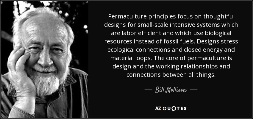 Permaculture principles focus on thoughtful designs for small-scale intensive systems which are labor efficient and which use biological resources instead of fossil fuels. Designs stress ecological connections and closed energy and material loops. The core of permaculture is design and the working relationships and connections between all things. - Bill Mollison