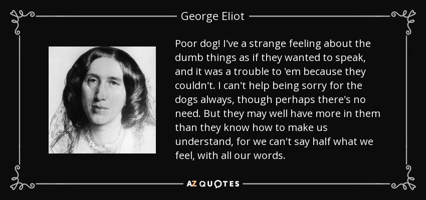 Poor dog! I've a strange feeling about the dumb things as if they wanted to speak, and it was a trouble to 'em because they couldn't. I can't help being sorry for the dogs always, though perhaps there's no need. But they may well have more in them than they know how to make us understand, for we can't say half what we feel, with all our words. - George Eliot