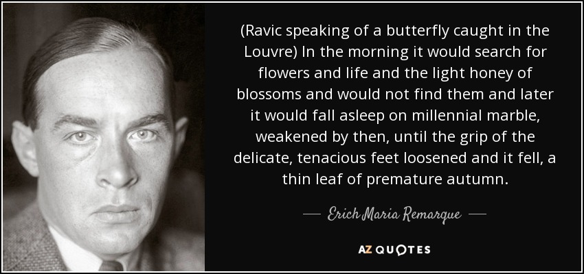 (Ravic speaking of a butterfly caught in the Louvre) In the morning it would search for flowers and life and the light honey of blossoms and would not find them and later it would fall asleep on millennial marble, weakened by then, until the grip of the delicate, tenacious feet loosened and it fell, a thin leaf of premature autumn. - Erich Maria Remarque