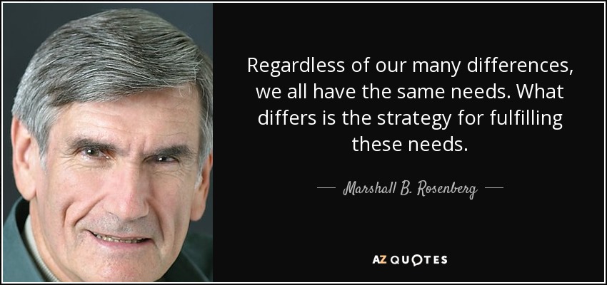Regardless of our many differences, we all have the same needs. What differs is the strategy for fulfilling these needs. - Marshall B. Rosenberg