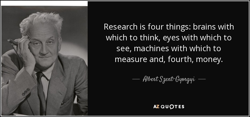 La investigación son cuatro cosas: cerebros con los que pensar, ojos con los que ver, máquinas con las que medir y, en cuarto lugar, dinero. - Albert Szent-Gyorgyi