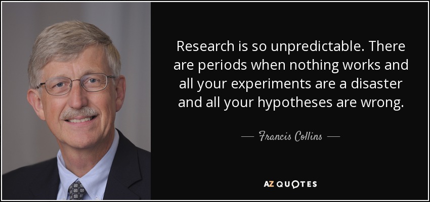 Research is so unpredictable. There are periods when nothing works and all your experiments are a disaster and all your hypotheses are wrong. - Francis Collins