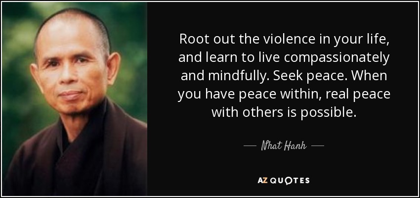 Root out the violence in your life, and learn to live compassionately and mindfully. Seek peace. When you have peace within, real peace with others is possible. - Nhat Hanh