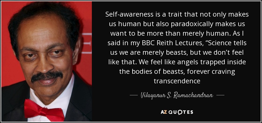 La conciencia de uno mismo es un rasgo que no sólo nos hace humanos, sino que paradójicamente nos hace querer ser algo más que meramente humanos. Como dije en mis conferencias Reith de la BBC: "La ciencia nos dice que somos meras bestias, pero no nos sentimos así. Nos sentimos como ángeles atrapados en cuerpos de bestias, ansiando siempre la trascendencia".