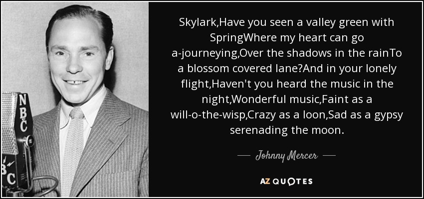 Skylark,Have you seen a valley green with SpringWhere my heart can go a-journeying,Over the shadows in the rainTo a blossom covered lane?And in your lonely flight,Haven't you heard the music in the night,Wonderful music,Faint as a will-o-the-wisp,Crazy as a loon,Sad as a gypsy serenading the moon. - Johnny Mercer