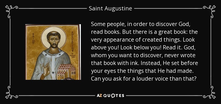 Some people, in order to discover God, read books. But there is a great book: the very appearance of created things. Look above you! Look below you! Read it. God, whom you want to discover, never wrote that book with ink. Instead, He set before your eyes the things that He had made. Can you ask for a louder voice than that? - Saint Augustine