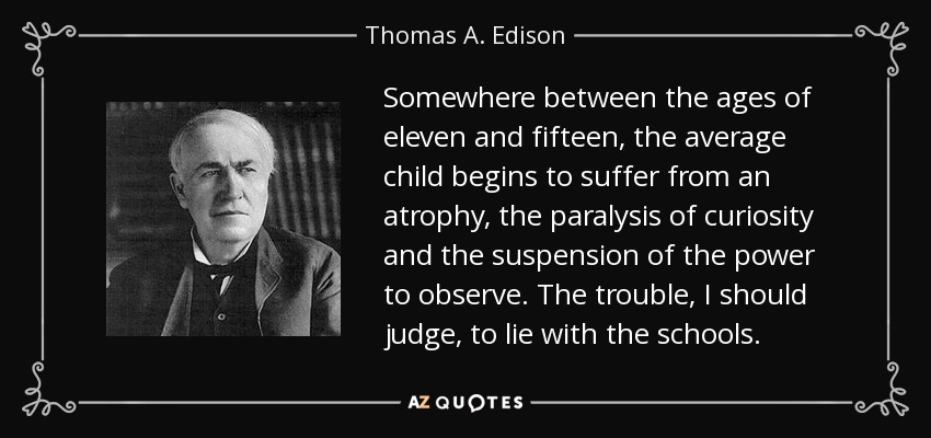 En algún momento entre los once y los quince años, el niño medio empieza a sufrir una atrofia, la parálisis de la curiosidad y la suspensión del poder de observación. A mi juicio, el problema reside en las escuelas. - Thomas A. Edison