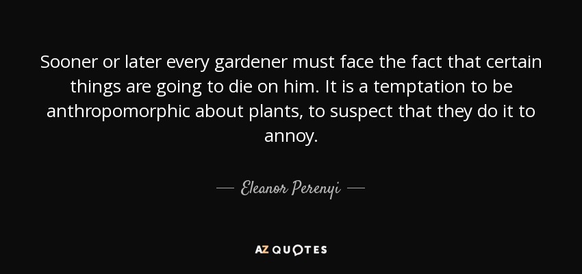 Sooner or later every gardener must face the fact that certain things are going to die on him. It is a temptation to be anthropomorphic about plants, to suspect that they do it to annoy. - Eleanor Perenyi