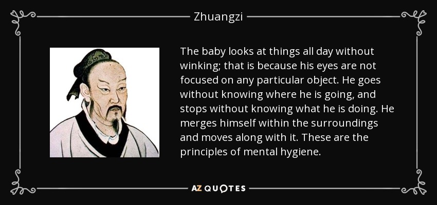 The baby looks at things all day without winking; that is because his eyes are not focused on any particular object. He goes without knowing where he is going, and stops without knowing what he is doing. He merges himself within the surroundings and moves along with it. These are the principles of mental hygiene. - Zhuangzi