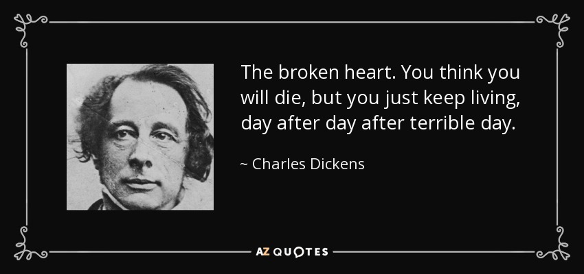 The broken heart. You think you will die, but you just keep living, day after day after terrible day. - Charles Dickens