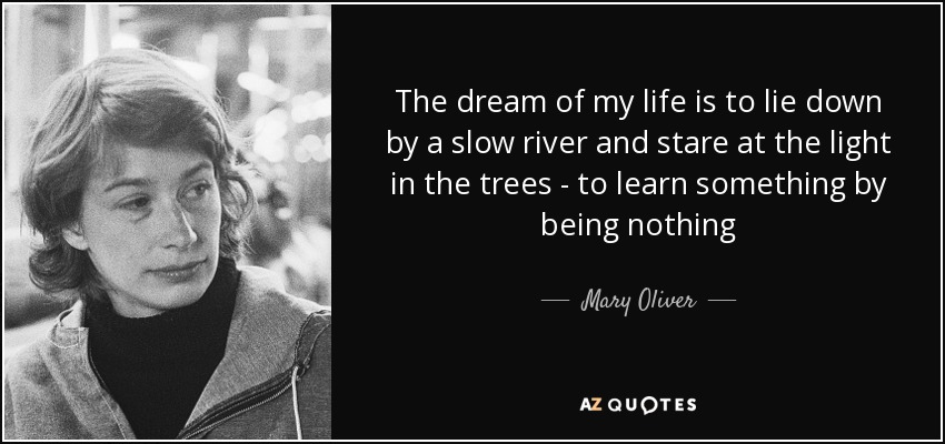 The dream of my life is to lie down by a slow river and stare at the light in the trees - to learn something by being nothing - Mary Oliver