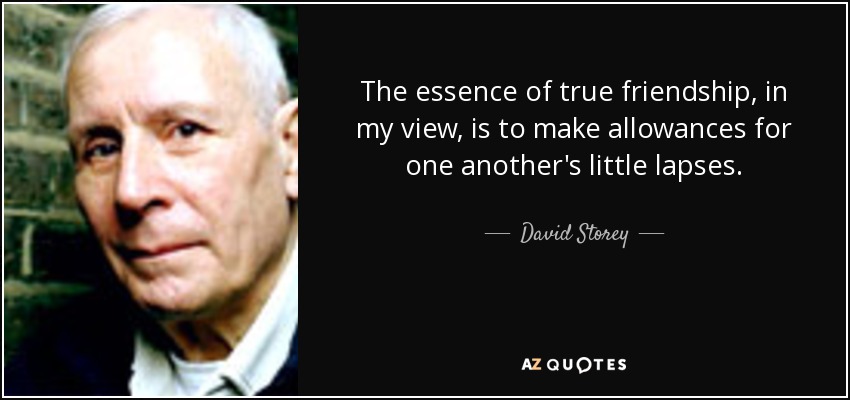 The essence of true friendship, in my view, is to make allowances for one another's little lapses. - David Storey