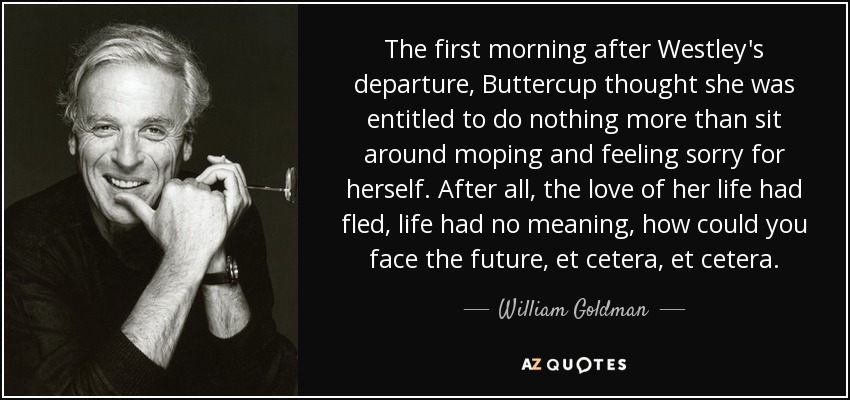 The first morning after Westley's departure, Buttercup thought she was entitled to do nothing more than sit around moping and feeling sorry for herself. After all, the love of her life had fled, life had no meaning, how could you face the future, et cetera, et cetera. - William Goldman