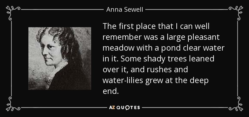 The first place that I can well remember was a large pleasant meadow with a pond clear water in it. Some shady trees leaned over it, and rushes and water-lilies grew at the deep end. - Anna Sewell