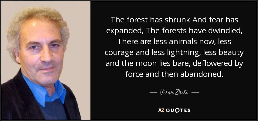 El bosque se ha encogido y el miedo se ha expandido, Los bosques han menguado, Ahora hay menos animales, menos coraje y menos relámpagos, menos belleza y la luna yace desnuda, desflorada por la fuerza y luego abandonada. - Visar Zhiti