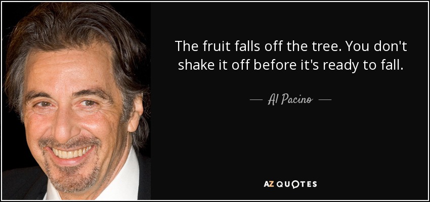 The fruit falls off the tree. You don't shake it off before it's ready to fall. - Al Pacino