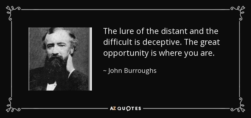 The lure of the distant and the difficult is deceptive. The great opportunity is where you are. - John Burroughs