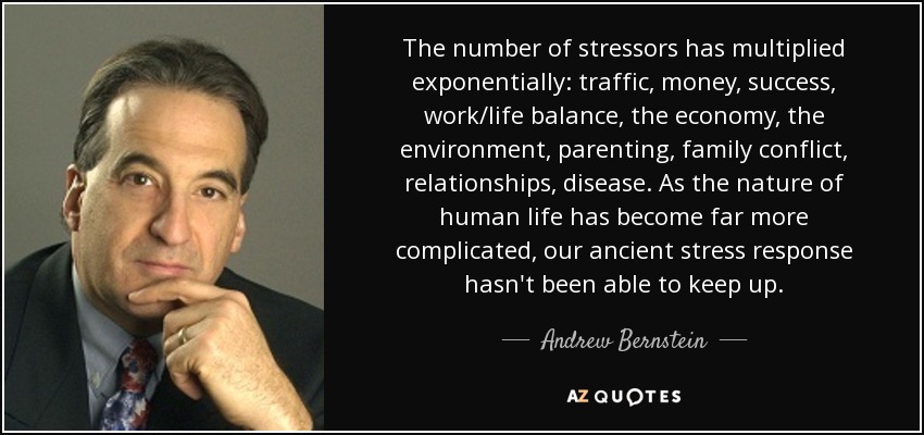 The number of stressors has multiplied exponentially: traffic, money, success, work/life balance, the economy, the environment, parenting, family conflict, relationships, disease. As the nature of human life has become far more complicated, our ancient stress response hasn't been able to keep up. - Andrew Bernstein