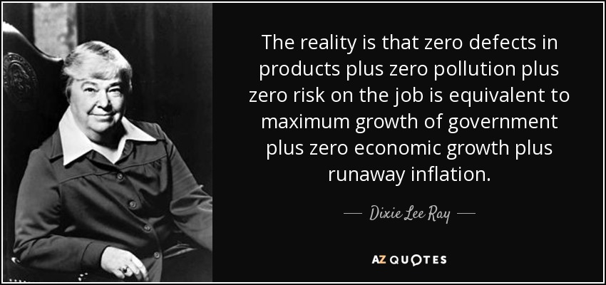 The reality is that zero defects in products plus zero pollution plus zero risk on the job is equivalent to maximum growth of government plus zero economic growth plus runaway inflation. - Dixie Lee Ray