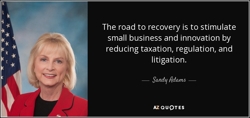 El camino hacia la recuperación pasa por estimular la pequeña empresa y la innovación reduciendo la fiscalidad, la regulación y los litigios. - Sandy Adams