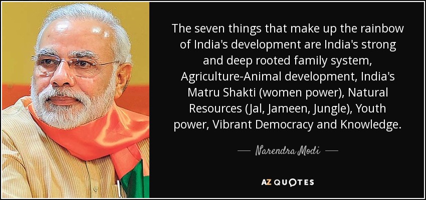 The seven things that make up the rainbow of India's development are India's strong and deep rooted family system, Agriculture-Animal development, India's Matru Shakti (women power), Natural Resources (Jal, Jameen, Jungle), Youth power, Vibrant Democracy and Knowledge. - Narendra Modi