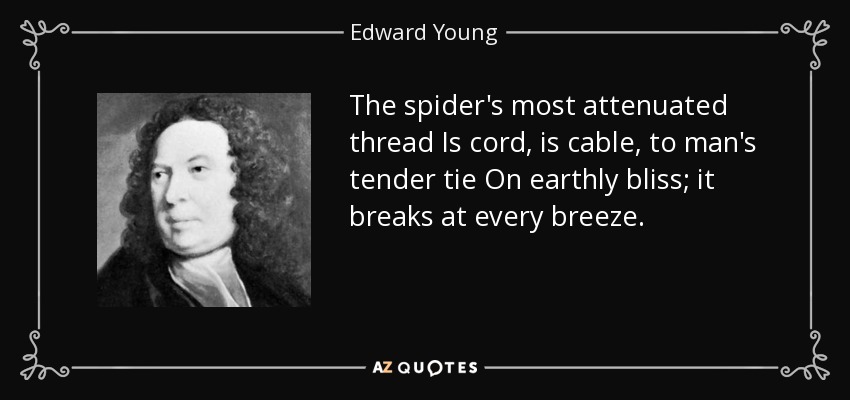 The spider's most attenuated thread Is cord, is cable, to man's tender tie On earthly bliss; it breaks at every breeze. - Edward Young